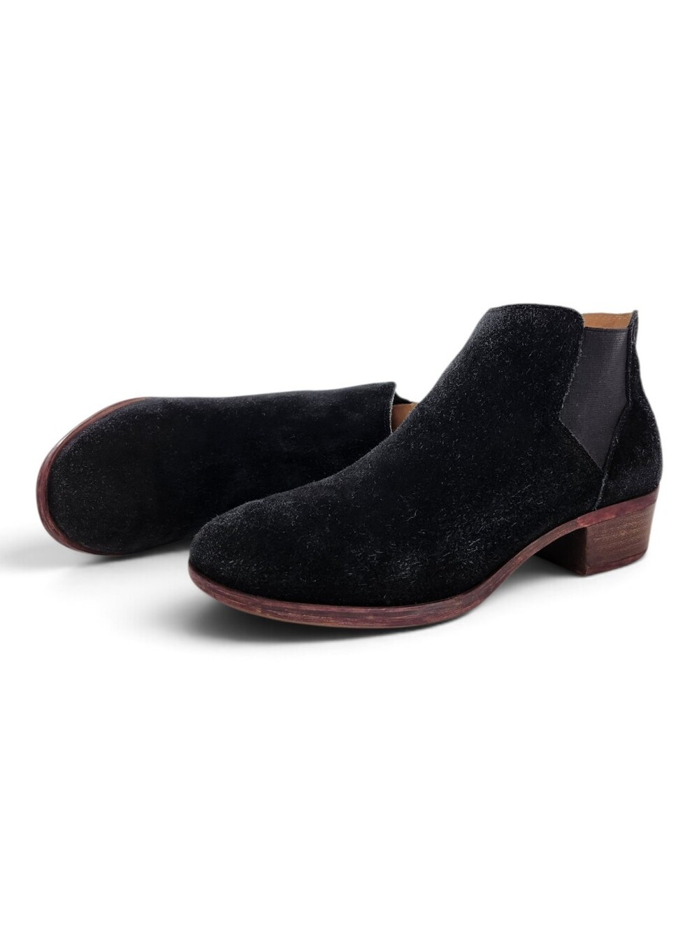 Lucky Brand Bellamy Black Suede Pull-On Almond-Toe Low Block Heel Ankle Boots